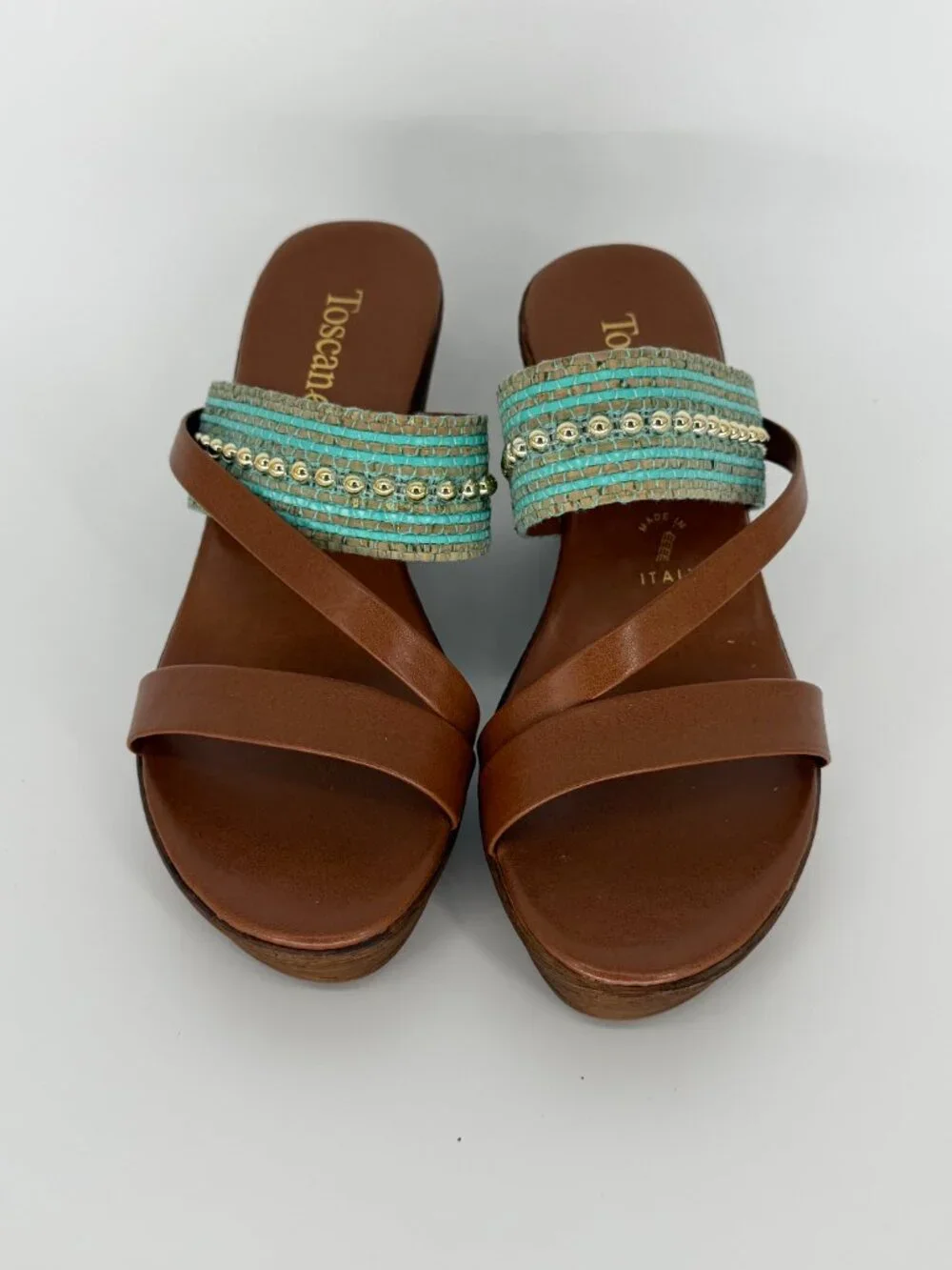 Toscanella Italian Leather Wedge Sandals - Teal Beaded Detail - Size 6 - Picture 2 of 6